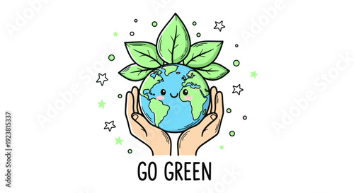 Cartoon drawing of Earth with a happy face held gently in hands, adorned with leaves and stars, symbolizing ecology, sustainability, and environmental protection. Go Green message.