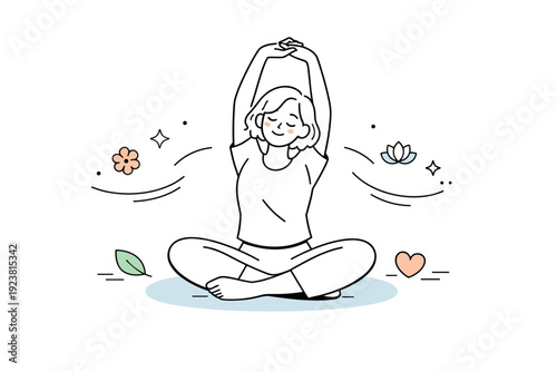 Self care. Person stretching or breathing calmly, surrounded by soft lines indicating slow movement and balance. Editorial wellness scene focused on presence