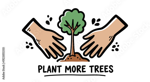 Illustrated image showcasing hands carefully planting a small tree seedling in soil, promoting environmental conservation and the importance of reforestation.