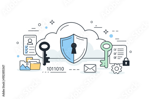 Privacy focused tech visuals. Abstract cloud storage protected by shields and keys, data elements neatly organized. Quiet and reliable