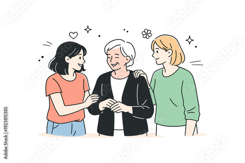 Interal women moments. Three women of different ages standing together without posing. Continuity, shared femininity, quiet