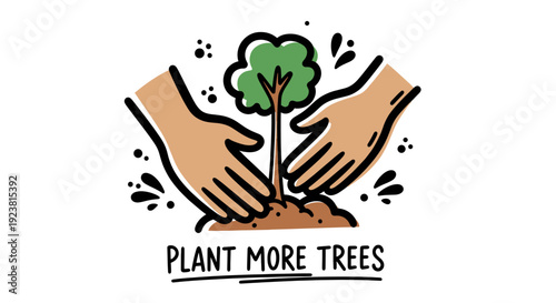 Illustration depicts hands carefully planting a young green tree in soil, promoting environmental awareness and encouraging tree planting, suitable for eco-friendly campaigns and materials.