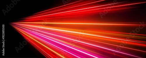 Red neon ribbons flow along a night highway panorama. Dynamic trails highlight acceleration, motion, and cyber energy. Ideal for tech visuals.