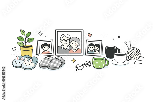 Intergenerational household objects. A clean composition of everyday items like cups, plants, slippers, and photo frames, showing shared routines and home