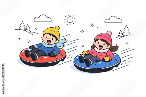 Snow tubing family leisure scenes ? Children racing downhill on snow tubes. Gentle motion lines, wide smiles, soft snowy landscape emphasizing fun and movement