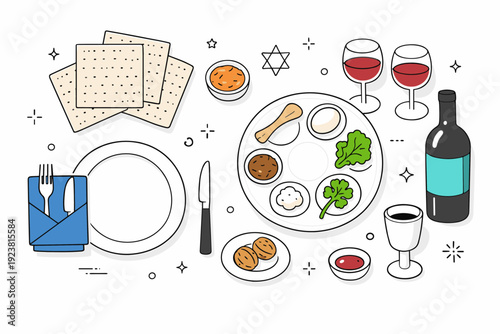 Passover dinner flat lay. Top-view composition with plates, utensils, matzah, wine glasses, and a minimal Seder plate arranged neatly for celebration. Calm,