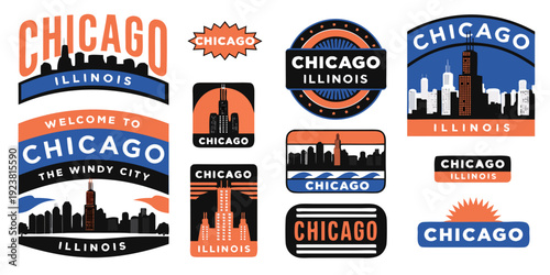 USA, US, U.S, United States - Chicago Illinois Skyline Logo Set: Modern City Badge & Windy City Graphic Designs for Urban Decor, Souvenirs, and Travel-Themed Projects
