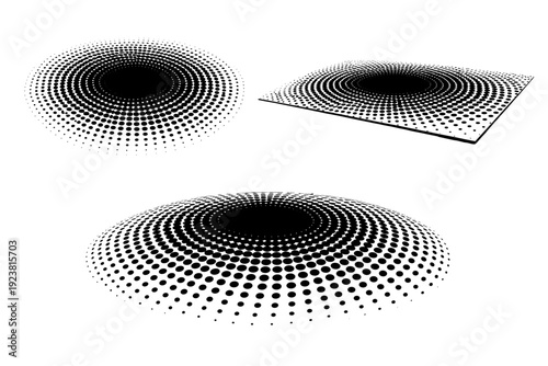 Tileable concentric halftone dot background pattern shown as a single object presented in three views: flat top view, angled view, and three-quarter