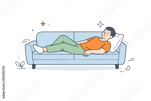 People resting without activity. A person lies comfortably on a sofa, eyes closed, hands relaxed, no devices or tasks nearby. Pure rest and stillness, calm