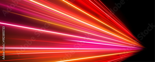Orange and red  neon arcs curve above a panoramic night highway. Comet-like trails highlight speed, energy, and futuristic motion.