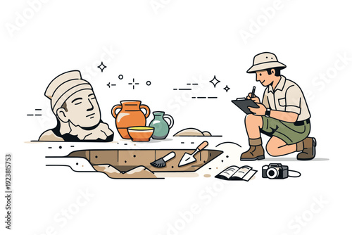 Ancient Discovery Illustration. Ancient civilization discovery. A newly uncovered statue fragment and pottery displayed near a small excavation trench, with an