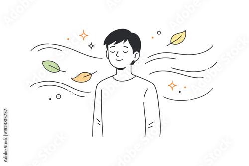 Natural sensory imagery with human figures. A calm person standing among flowing air lines, soft leaves, and warm light, eyes closed as if