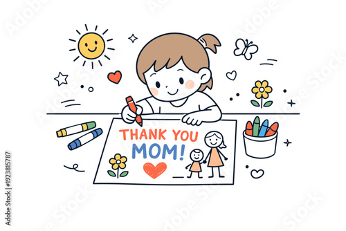 Child creating a Mother?s Day note. Simple character drawing a thank-you message with crayons or markers, innocent creativity and joyful affection, playful