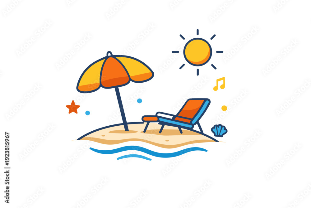 Fototapeta premium Summer vacation feeling expressing rest, freedom, and escape from routine. A relaxed composition built around a beach umbrella and sun with minimal waves and