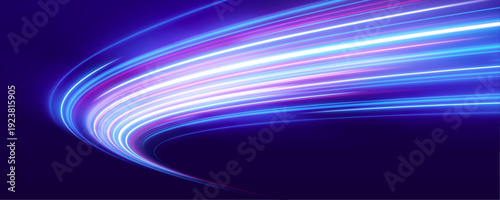 Cyan and purple light streaks curve along a panoramic night road. Motion paths and glowing trails evoke fast motion and cyber energy.