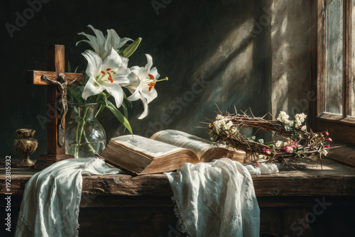 The concept of faith and religion. Crucifix, Crown of Thorns and open Bible on a rustic wooden table