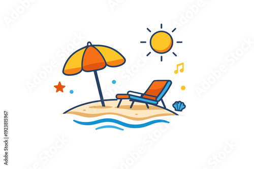 Summer vacation feeling expressing rest, freedom, and escape from routine. A relaxed composition built around a beach umbrella and sun with minimal waves and
