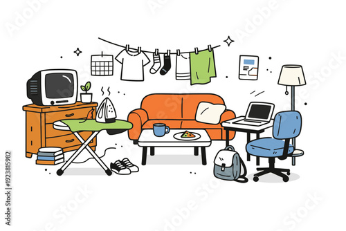 Anti-aesthetic aesthetics. A small room with mix-and-match furniture, laundry hanging in the background. Honest, uncurated space showing personality and daily