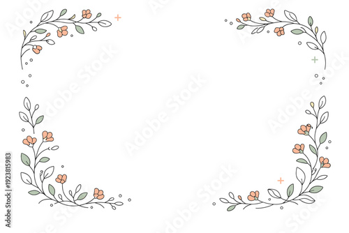 Minimal botanical wedding frame. Thin floral branches and small blossoms forming a light decorative border. Intimacy, elegance, and handcrafted feeling.