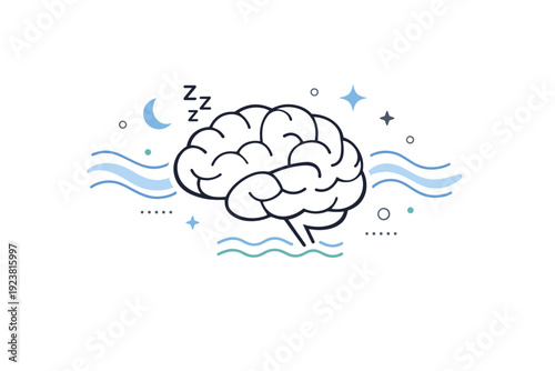 Brain during sleep. A simplified brain icon with soft waves and stars around it, representing memory processing and recovery. Quiet