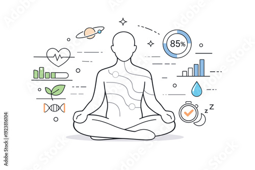 Biohacking aesthetics. Calm futuristic wellness scene with abstract human silhouette, subtle biometric lines and floating indicators suggesting