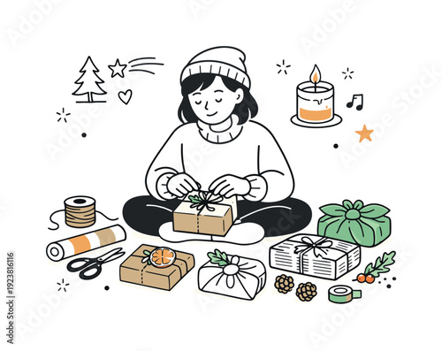 Woman happily wrapping gifts for Christmas and holidays with festive decorations