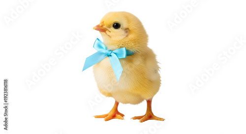 A small yellow chick with a blue bow on transparent background