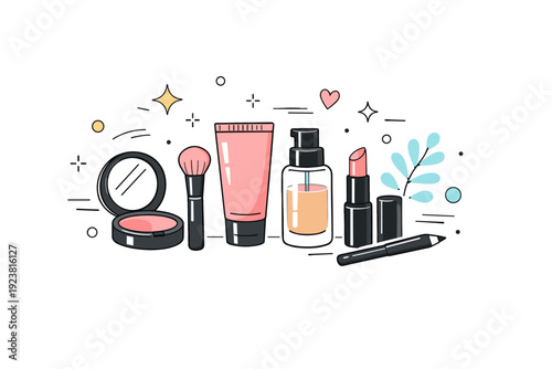 Cosmetics backgrounds. Modern beauty composition with minimal makeup items and abstract decorative elements floating around. Light fashionable mood with