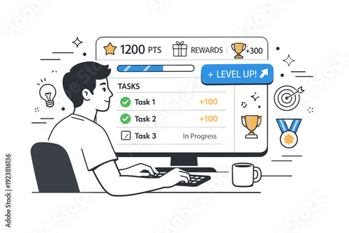 Gamified Task Dashboard. Workplace gamification. Person completing tasks on a dashboard with points and reward indicators. Focused work mood enhanced by simple