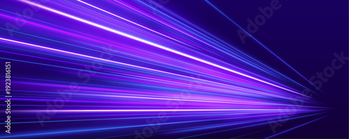 Purple neon arcs flow along a high-speed city road. Comet-like light trails convey motion, speed, and futuristic aesthetics. Ideal for presentations.