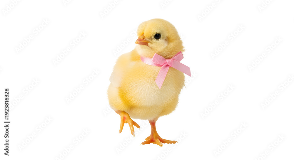 Obraz premium A cute yellow chick standing on a transparent background with a pink bow around its neck