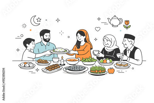 Nowruz family meal. A traditional spread of dishes being shared at a decorated table, with family passing plates and chatting, abstract