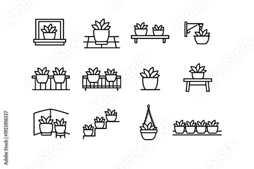 Pot Placement. Line icon set of Pot Placement: window sill pot, patio pot, shelf pot, wall-mounted pot, railing pot, balcony pot, floor pot,