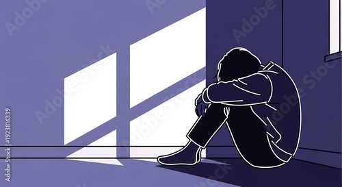 a lone person sits huddled in the corner of a dimly lit room with sunlight casting geometric shadows on the wall, symbolizing isolation and introspection