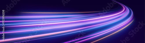 Pink and blue neon arcs flow along a panoramic night road. Dynamic light trails convey speed, energy, and futuristic urban motion. Ideal for tech visuals.