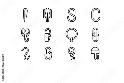 Types of Curtain Hooks. Line icon set of Types of Curtain Hooks: pin hook, pleat hook, S hook, C hook, roller hook, clip hook, ring hook,