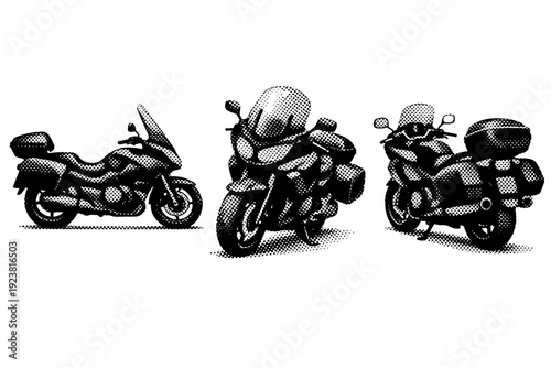 Motorcycle silhouette touring bike. A large touring motorcycle with tall windshield, side panniers, wide seat, and substantial body mass