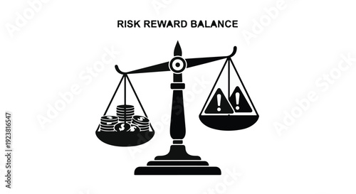 Risk reward balance concept with money and warning signs on scales