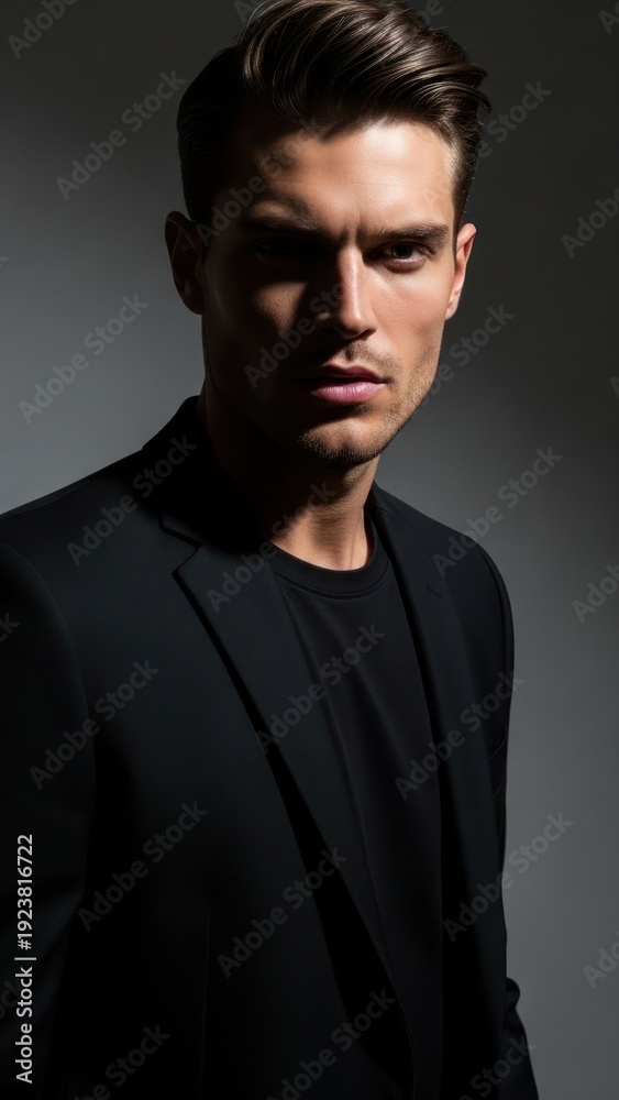 Fototapeta premium Portrait of a handsome man in a black jacket and tee, lit dramatically