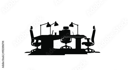 black silhouette of office workspace with desks and chairs