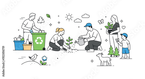 Family planting trees and recycling together for a greener planet and healthy environment
