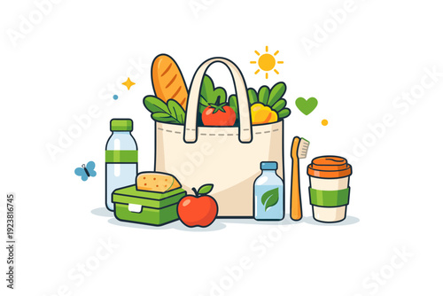 Sustainable lifestyle centered on a reusable shopping bag filled with fresh produce and green leaves, expressing mindful consumption and