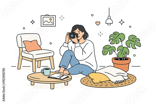 Lifestyle influencer shoot. Person taking photos in a simple styled corner with plant, chair, and soft decor elements. Authentic lifestyle