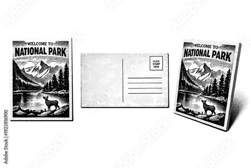 National park postcard. A realistic national park postcard shown as a single object from three different angles: front view, back view, and