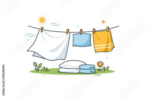 Air drying bed linens calm domestic lifestyle image featuring soft fabric clipped on a line with subtle breeze accents, reflecting slow