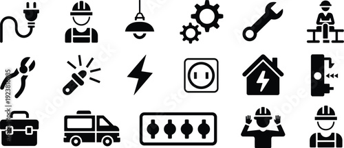 Professional Electrician Icon Set Featuring Electrical Tools Power Symbols Maintenance Equipment Work Van Service Personnel Flashlight Socket Safety Gear And Repair Industry Vector Illustrations
