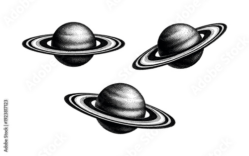 Vintage illustration of three Saturn planets with rings in a dotted style