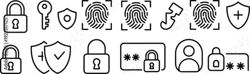 Cybersecurity icon set featuring biometric fingerprint scans, broken key symbols, password protection cards, security shields, and padlocks for digital privacy and data safety web design.