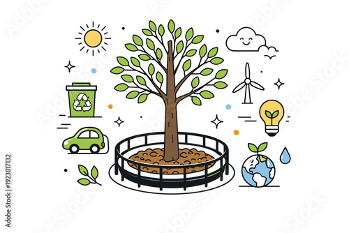 Urban Tree Sustainability. Tree base protection. Street tree with mulch and a circular guard in place, soft decorative dots and eco-friendly icons floating