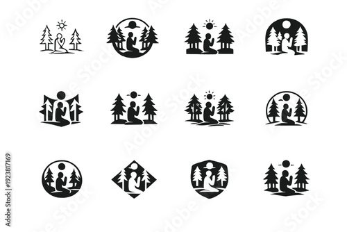 Person in a peaceful forest, reflecting in faith. Icon set. Set Logo of Person in a peaceful forest, reflecting in faith: silhouette praying